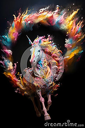 AI generated illustration of a mythical unicorn adorned with colorful splashes of paint Cartoon Illustration