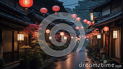 AI-generated illustration of a narrow alleyway illuminated by traditional Asian lanterns Cartoon Illustration