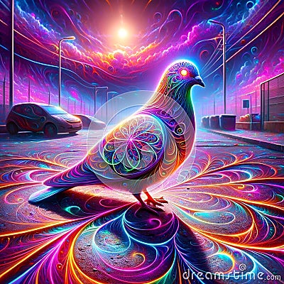 AI generated illustration of a neon-bright pigeon with patterns in a psychedelic urban dawn Cartoon Illustration