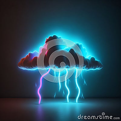 AI generated illustration of a neon cloud illuminated by lightning Cartoon Illustration