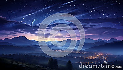 AI generated illustration of a night-time landscape featuring mountains and a round full moon Cartoon Illustration