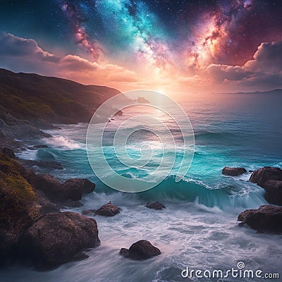 AI generated illustration of the nightscape of a tranquil ocean illuminated by a starry night sky Cartoon Illustration