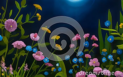 AI-generated illustration of A nighttime garden scene of a field of brightly colored flowers Cartoon Illustration