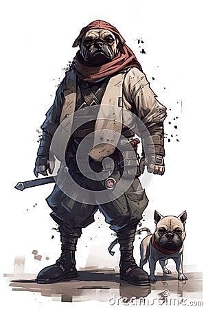 AI generated illustration of a ninja samurai bulldog with a small dog sidekick Cartoon Illustration