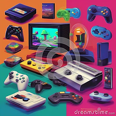 AI generated illustration of a Nintendo Entertainment System (NES) console with lots of controllers Cartoon Illustration