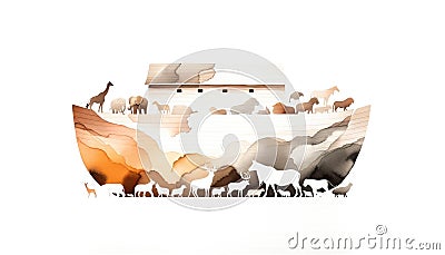 Noah's Ark. Watercolor painting with silhouettes of animals Cartoon Illustration