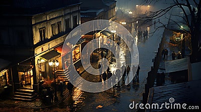 AI-generated illustration of an old-fashioned town at night, illuminated by streetlamps Cartoon Illustration