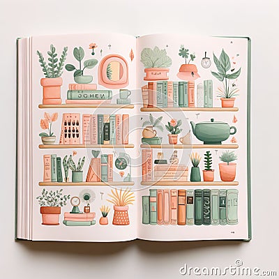 AI generated illustration of an open book featuring illustrations of plants Cartoon Illustration