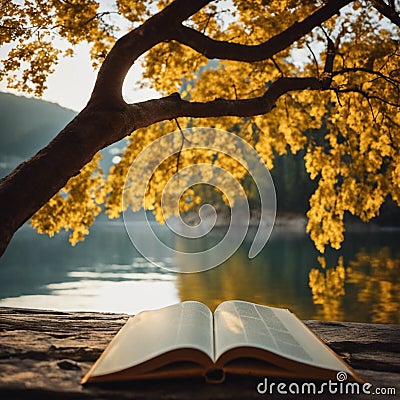 an open book laying on a rock next to a tree Cartoon Illustration