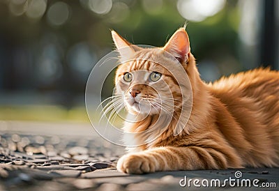 AI generated illustration of an orange cat basking in the warm sunlight atop a bed of gravel Cartoon Illustration