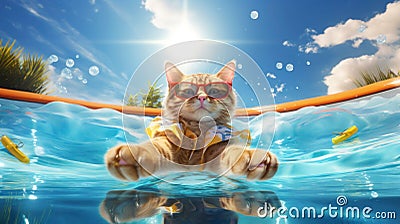AI generated illustration of an orange tabby cat wearing a life vest floating in a body of water Cartoon Illustration