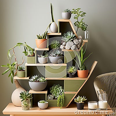 the shelves on the shelf are stacked with potted plants Cartoon Illustration