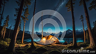 AI generated illustration of an outdoor camping scene featuring a green tent Cartoon Illustration