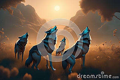 AI generated illustration of a pack of gray wolves in a sunlit grassy field Cartoon Illustration