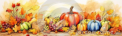 AI generated illustration of a painting of an arrangement of assorted pumpkins, and foliage Cartoon Illustration