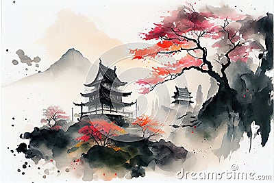 AI generated illustration of a painting of japanese landscape with sakura trees and oriental houses Cartoon Illustration