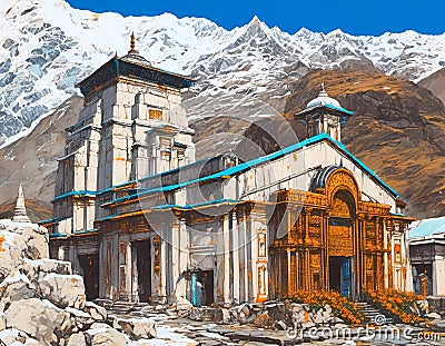 AI generated illustration of a painting of a Kedarnath Dham Temple Cartoon Illustration