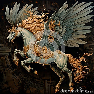 AI generated illustration of a painting of a majestic pegasus against a dark background Cartoon Illustration