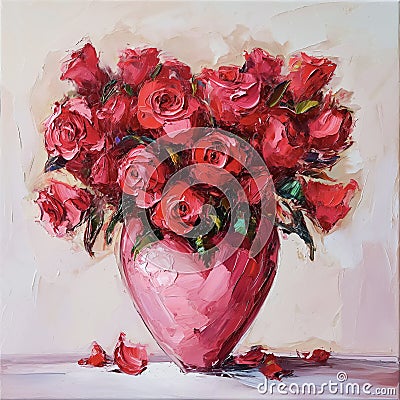 AI generated illustration of a painting of vibrant red roses in a vase Cartoon Illustration