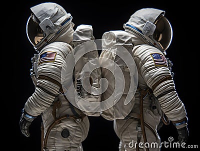 AI generated illustration of a pair of astronauts in white space suits on a dark background Cartoon Illustration