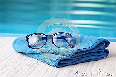 AI generated illustration of a pair of blue sunglasses rests on the edge of a swimming pool Cartoon Illustration