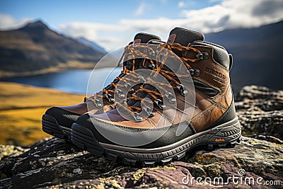 AI generated illustration of a pair of brown hiking boots on a rocky hillside Cartoon Illustration