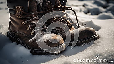 AI generated illustration of a pair of brown shoes standing in snowy landscape at mountain base Cartoon Illustration