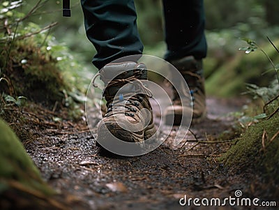 AI generated illustration of a pair of feet walking along a dirt trail in a wilderness setting Cartoon Illustration