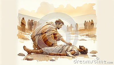 Parable of the Good Samaritan. 13th Parable of Jesus Christ. Watercolor Biblical Illustration Stock Photo