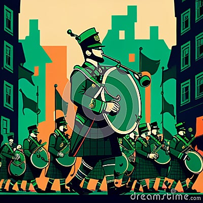 AI generated illustration of a parade with people dressed in green, musicians playing the bagpipes Cartoon Illustration