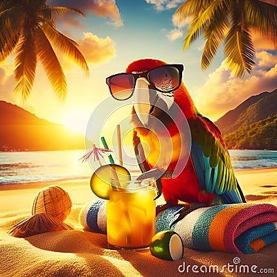 AI generated illustration of a parrot with exotic drink on the beach at sunset Cartoon Illustration