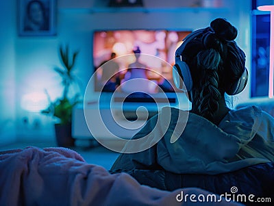 a person watching television while listening music on headphones with a headband Cartoon Illustration