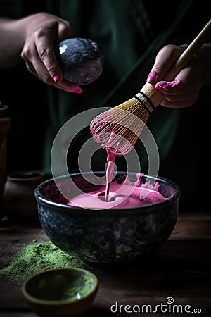 AI generated illustration of a person whisking a bowl of pink matcha with a traditional bamboo whisk Cartoon Illustration