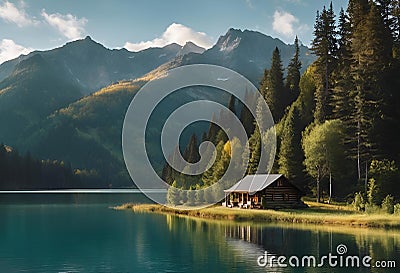 AI-generated illustration of a picturesque lakeside cabin nestled amidst majestic mountains Cartoon Illustration