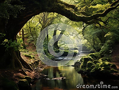 AI generated illustration of a picturesque natural landscape of a forest with trees, lush foliage Cartoon Illustration