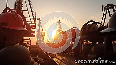 AI generated illustration of a picturesque sunset backlighting construction helmets and tools Cartoon Illustration