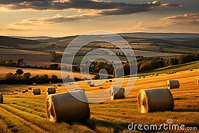 a scenic view of some farm with bales and sunset Cartoon Illustration