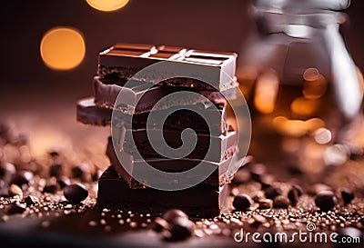 AI generated illustration of a piece of chocolate and a small handful of roasted coffee beans Cartoon Illustration