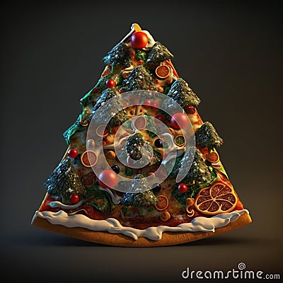 AI generated illustration of a piece of Christmas pizza on a dark background Cartoon Illustration