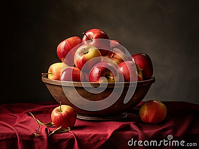 AI generated illustration of a pile of fresh, ripe applein a ceramic bowl Cartoon Illustration