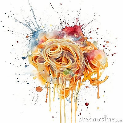 AI generated illustration of a pile of spaghetti noodles splattered with vibrant colored paint Cartoon Illustration