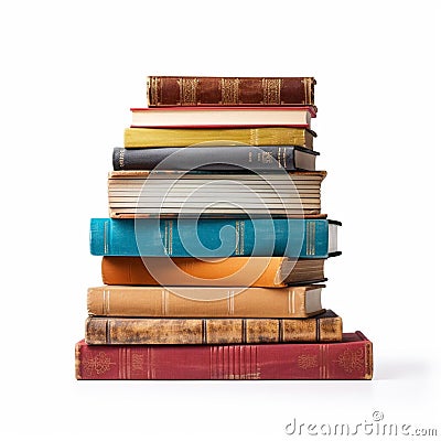 AI generated illustration of a pile of various books arranged neatly in a stack on a white surface Cartoon Illustration