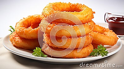 AI generated illustration of a plate of golden, crispy onion rings with a ketchup Cartoon Illustration