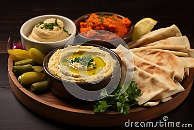 AI generated illustration of a plate of hummus, pita bread, and an array of fresh vegetables Cartoon Illustration