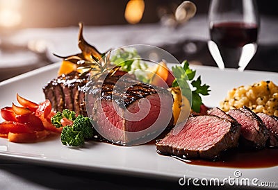 AI generated illustration of a plate of steak, accompanied by fresh vegetables Cartoon Illustration