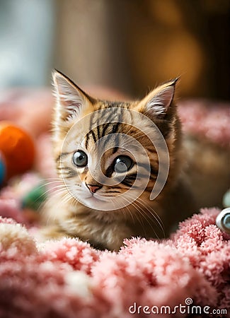 a kitten with blue eyes sitting in a pile of toys Cartoon Illustration