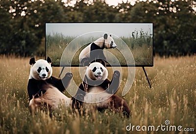 AI generated illustration of pandas sitting in a field with a screen displaying another panda Cartoon Illustration