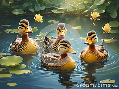 AI generated illustration of a pond with a flock of ducks swimming, surrounded by lush water lilies Cartoon Illustration