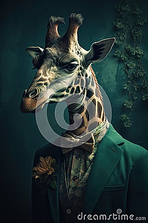 AI generated illustration of a portrait of a giraffe wearing a green suit and a tie Cartoon Illustration