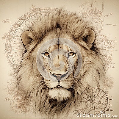 AI generated illustration of a portrait of a majestic lion against a plain beige backdrop Cartoon Illustration